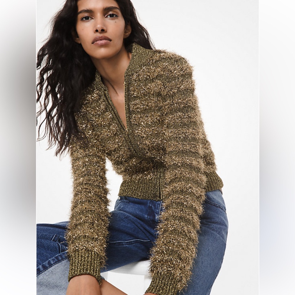 Michael Kors Collection Metallic Tinsel Zip Jacket - size Small - Gold Fringe